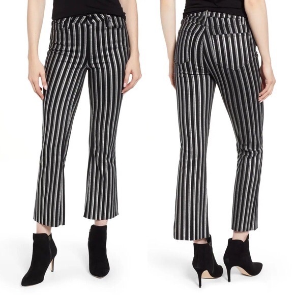 PAIGE Colette Crop Flare Metallic Striped Jeans w Raw Hem Silver Black Stripe 25 - Picture 14 of 14